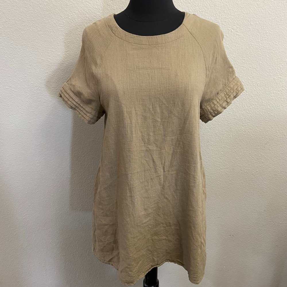 Loveriche Women S Tan Linen Blend Shift Dress Short Sleeve Pockets Coastal